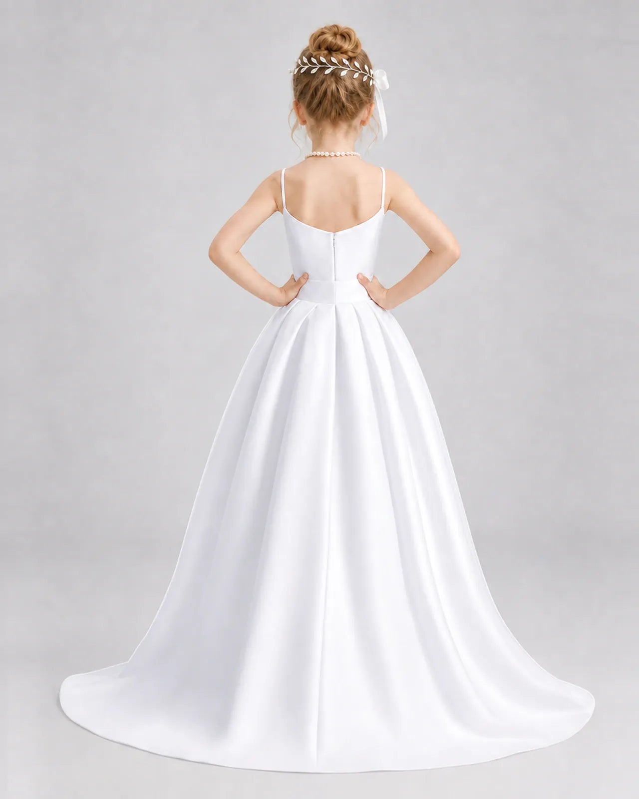 White Satin A-line Girls Formal Dress Back View