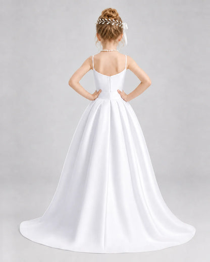 White Satin A-line Girls Formal Dress Back View