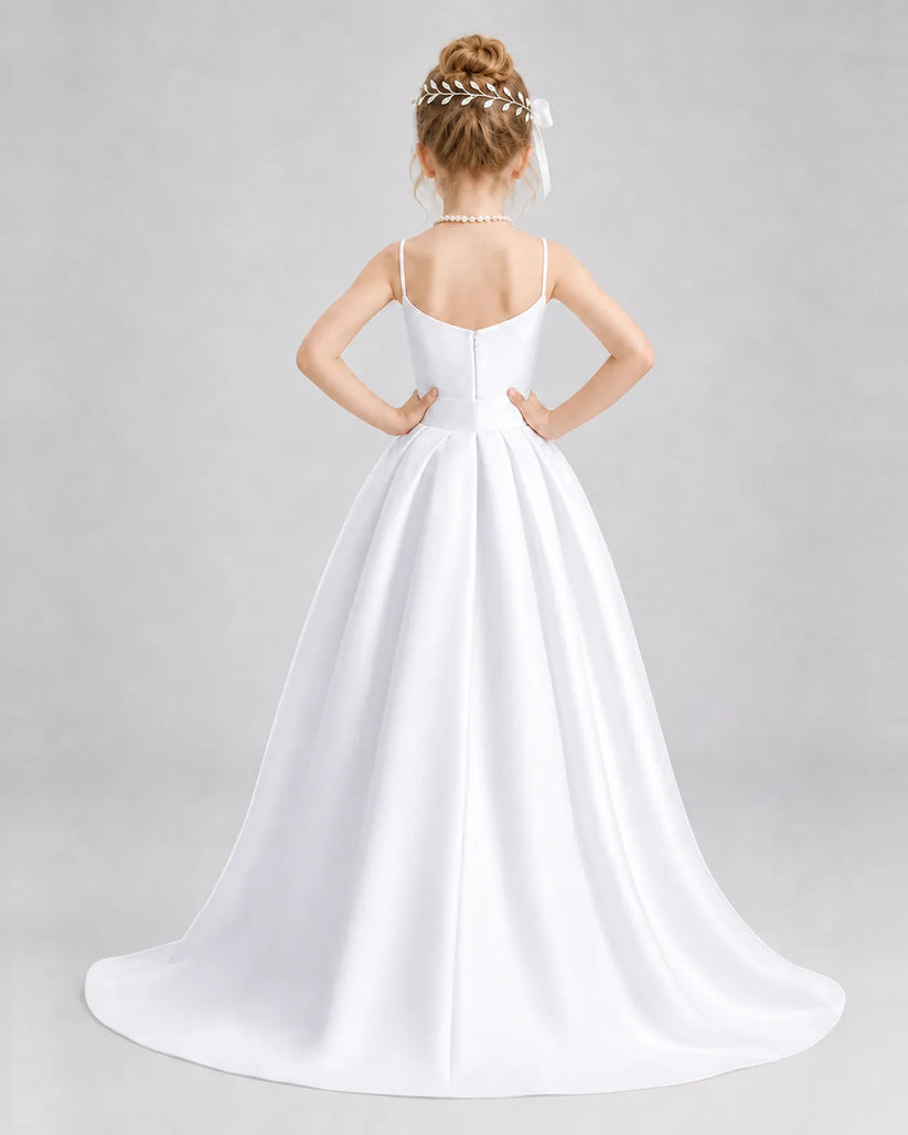 White Satin A-line Girls Formal Dress Back View