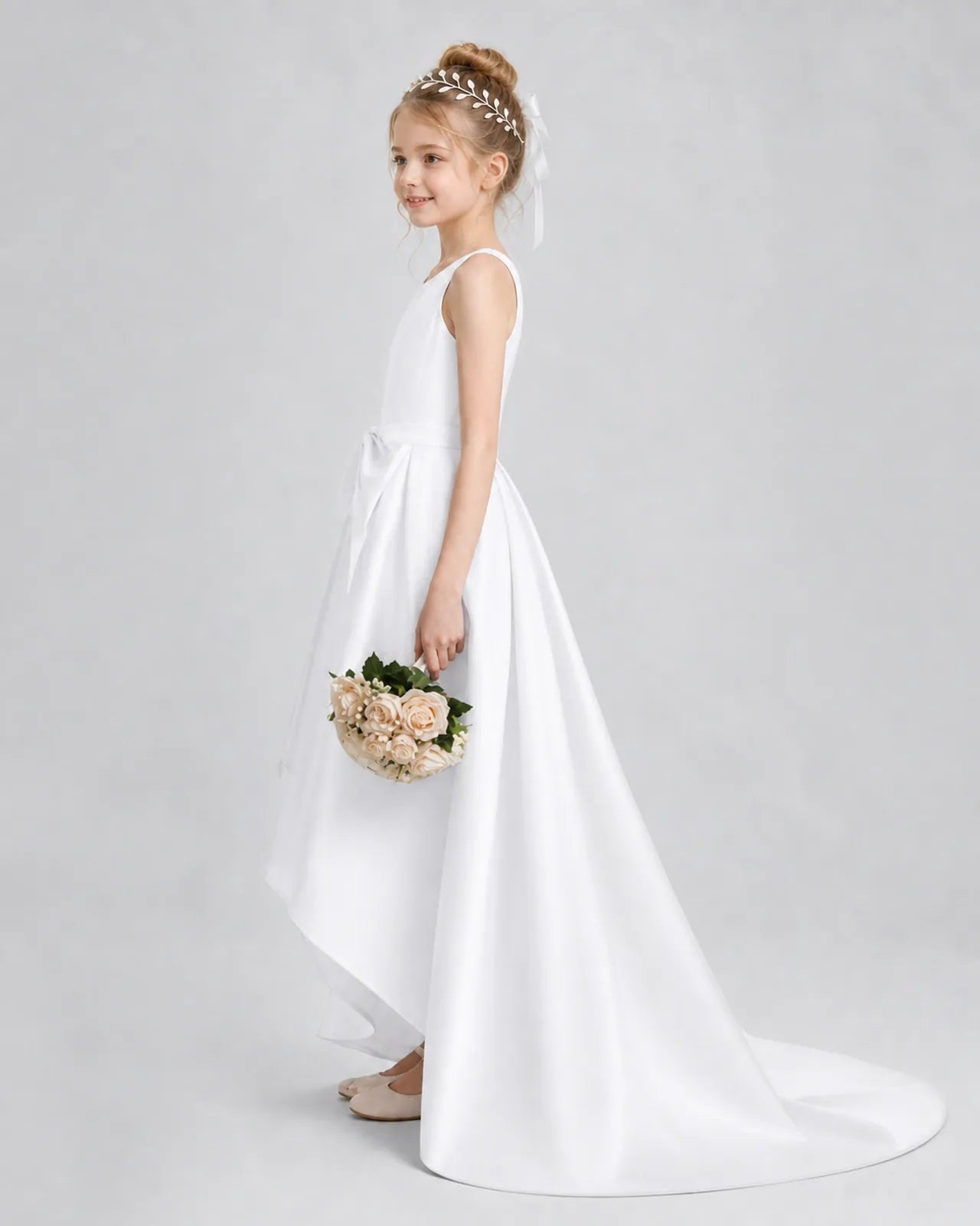 White Satin A-line Girls Formal Dress Side View