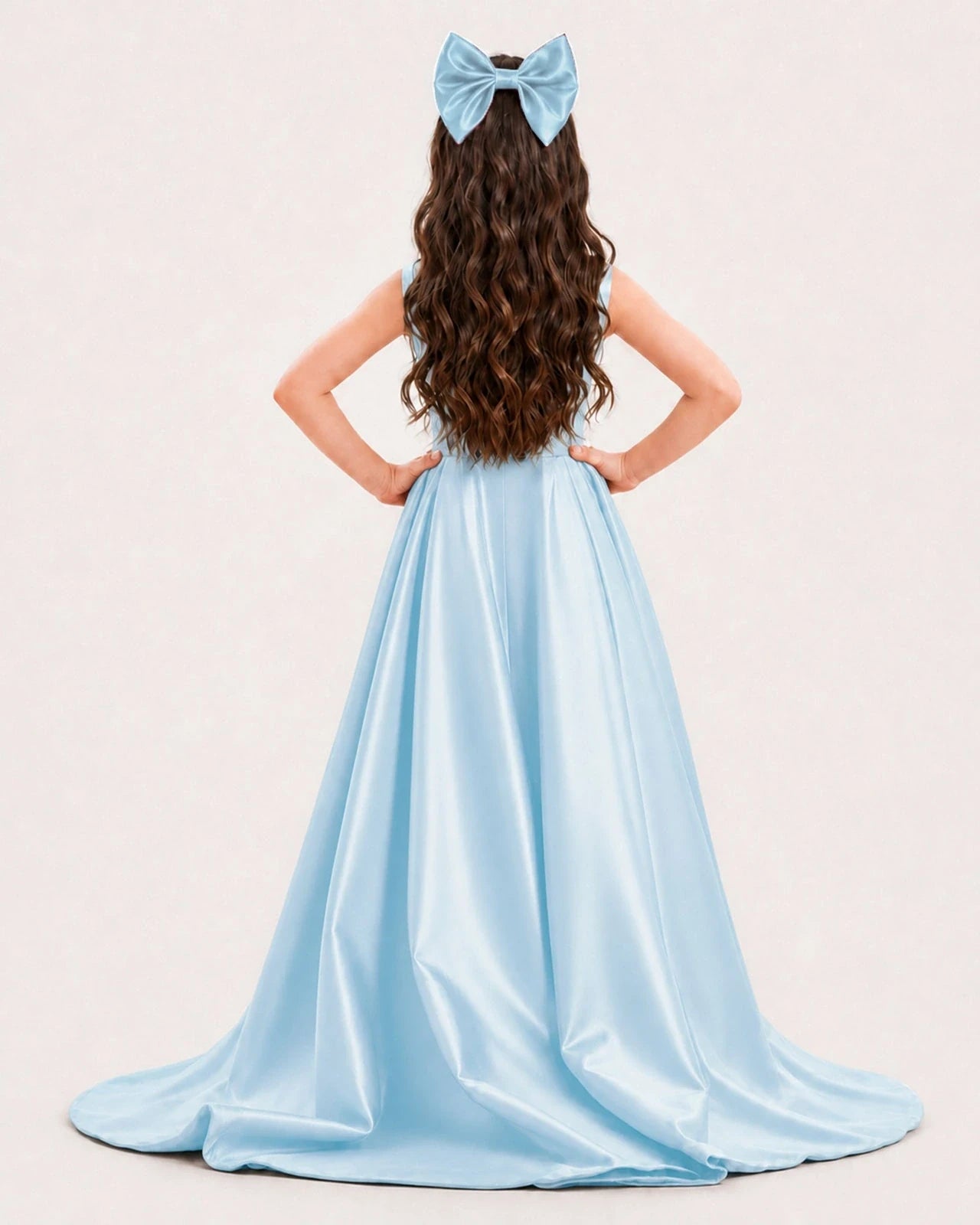 Baby Blue Satin A-line Girls Formal Dress Back View