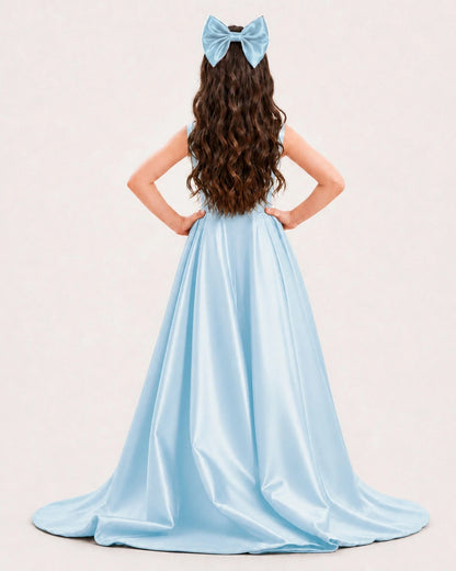 Baby Blue Satin A-line Girls Formal Dress Back View