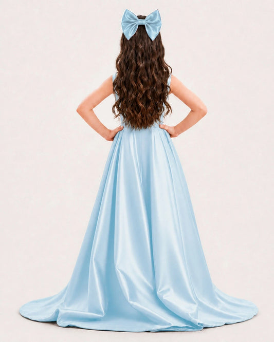 Baby Blue Satin A-line Girls Formal Dress Back View