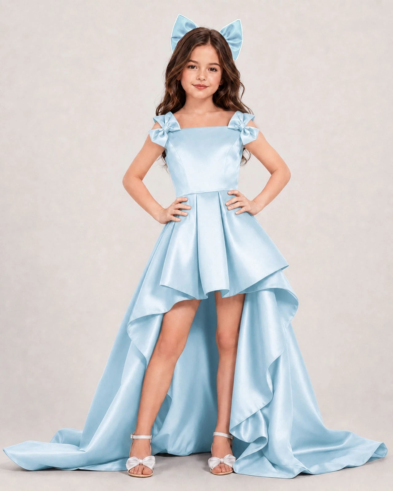 Dideyttawl Girls Formal Dress with Shoulder Bows and High-Low Satin Skirt