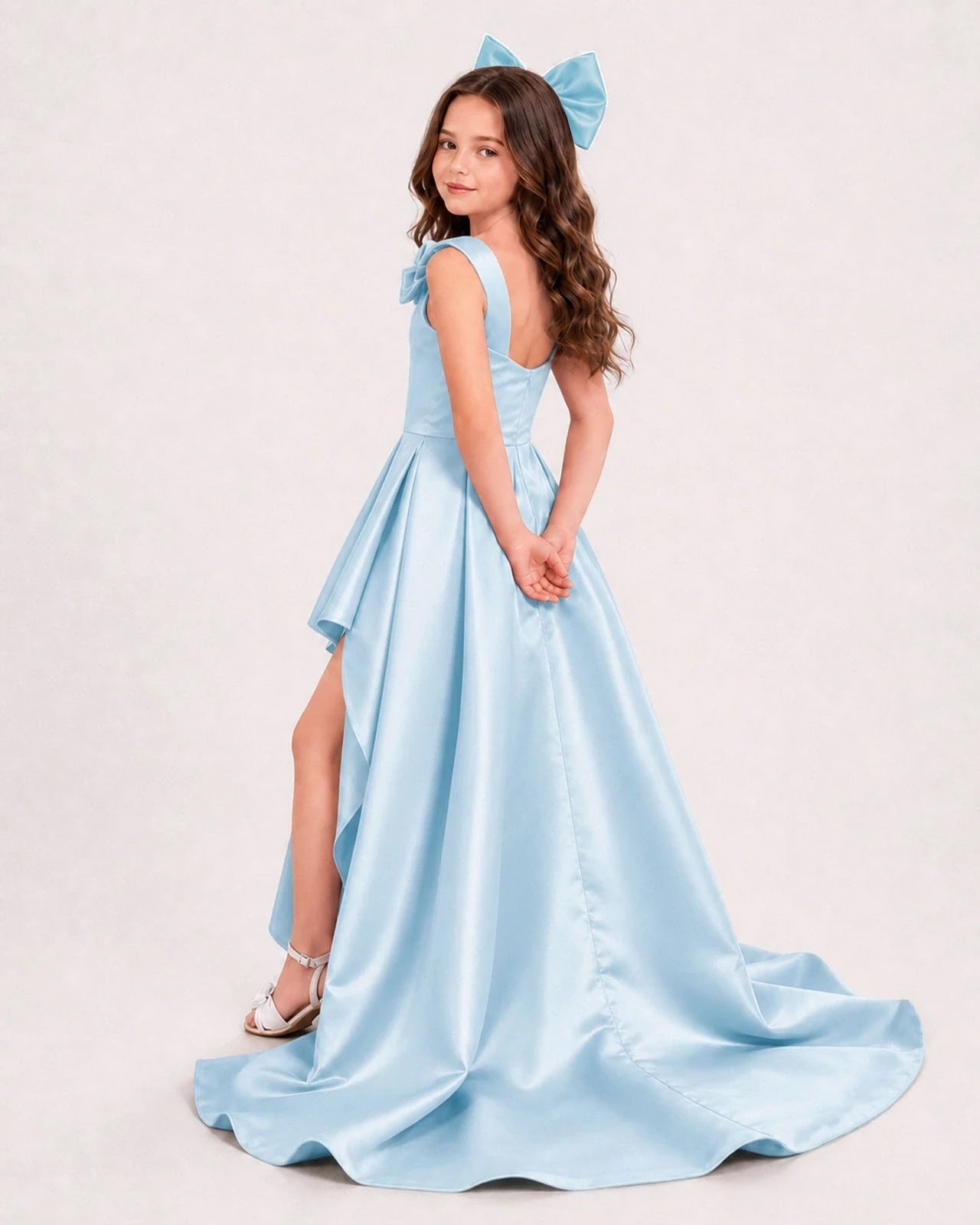 Dideyttawl Girls Formal Dress with Shoulder Bows and High-Low Satin Skirt