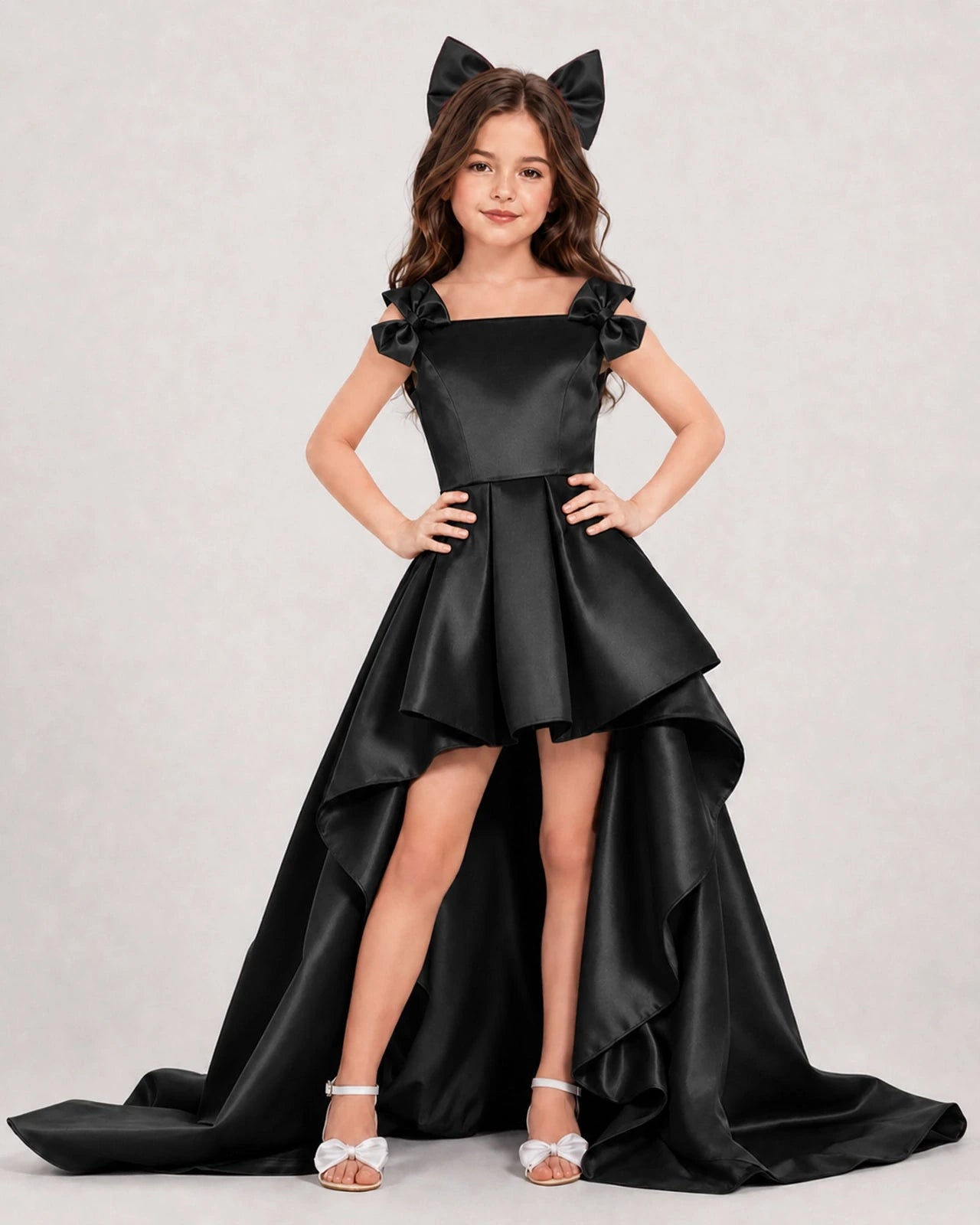 Black Satin A-line Girls Formal Dress Front View