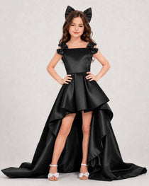 Dideyttawl Girls Formal Dress with Shoulder Bows and High-Low Satin Skirt