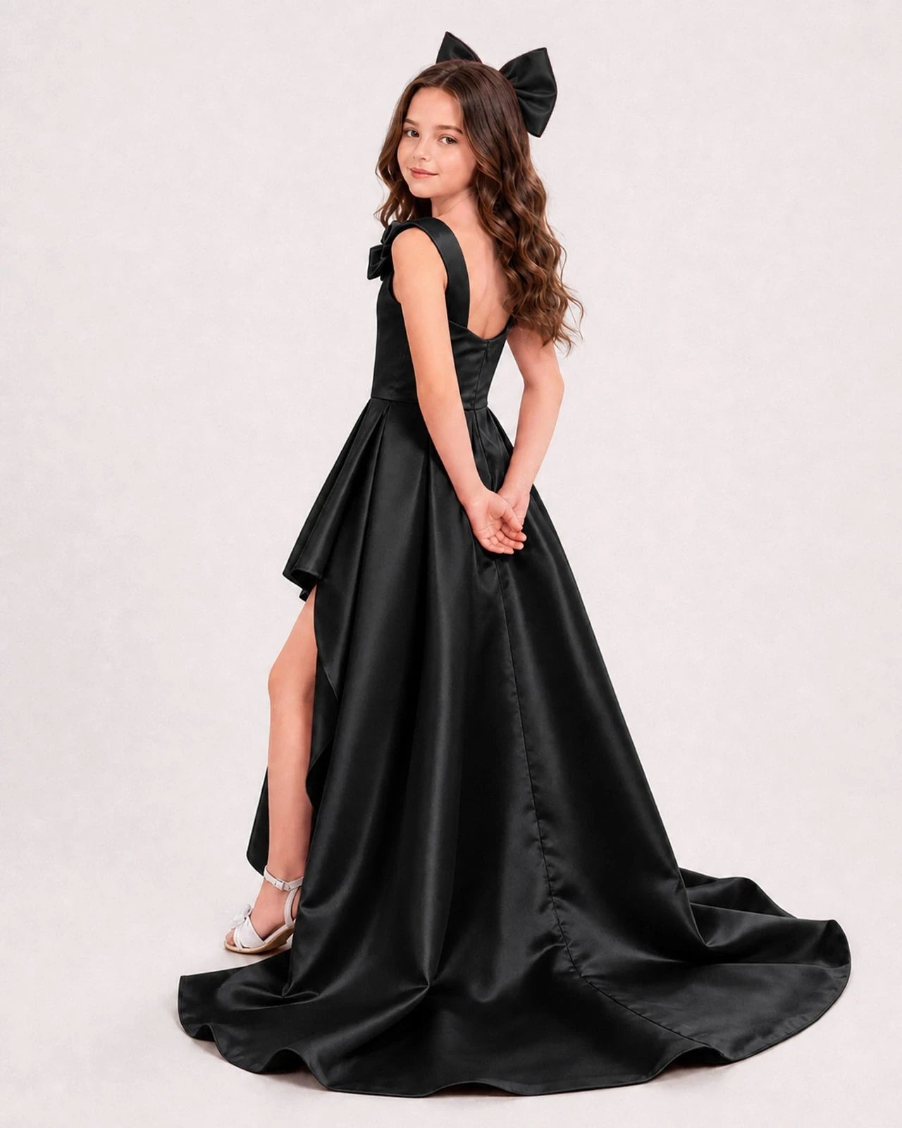 Dideyttawl Girls Formal Dress with Shoulder Bows and High-Low Satin Skirt