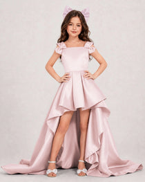 Dideyttawl Girls Formal Dress with Shoulder Bows and High-Low Satin Skirt