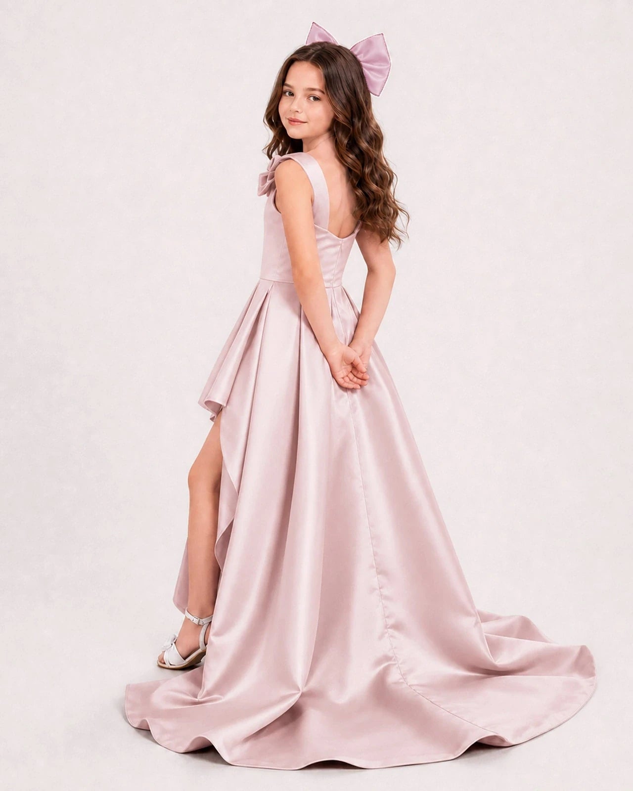 Blush Pink Satin High Low Girls Formal Dress Side View