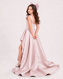 Dideyttawl Girls Formal Dress with Shoulder Bows and High-Low Satin Skirt