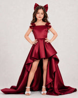 Burgundy Satin High-Low Girls Formal Dress Front View