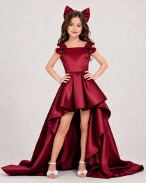 Dideyttawl Girls Formal Dress with Shoulder Bows and High-Low Satin Skirt