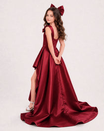 Dideyttawl Girls Formal Dress with Shoulder Bows and High-Low Satin Skirt