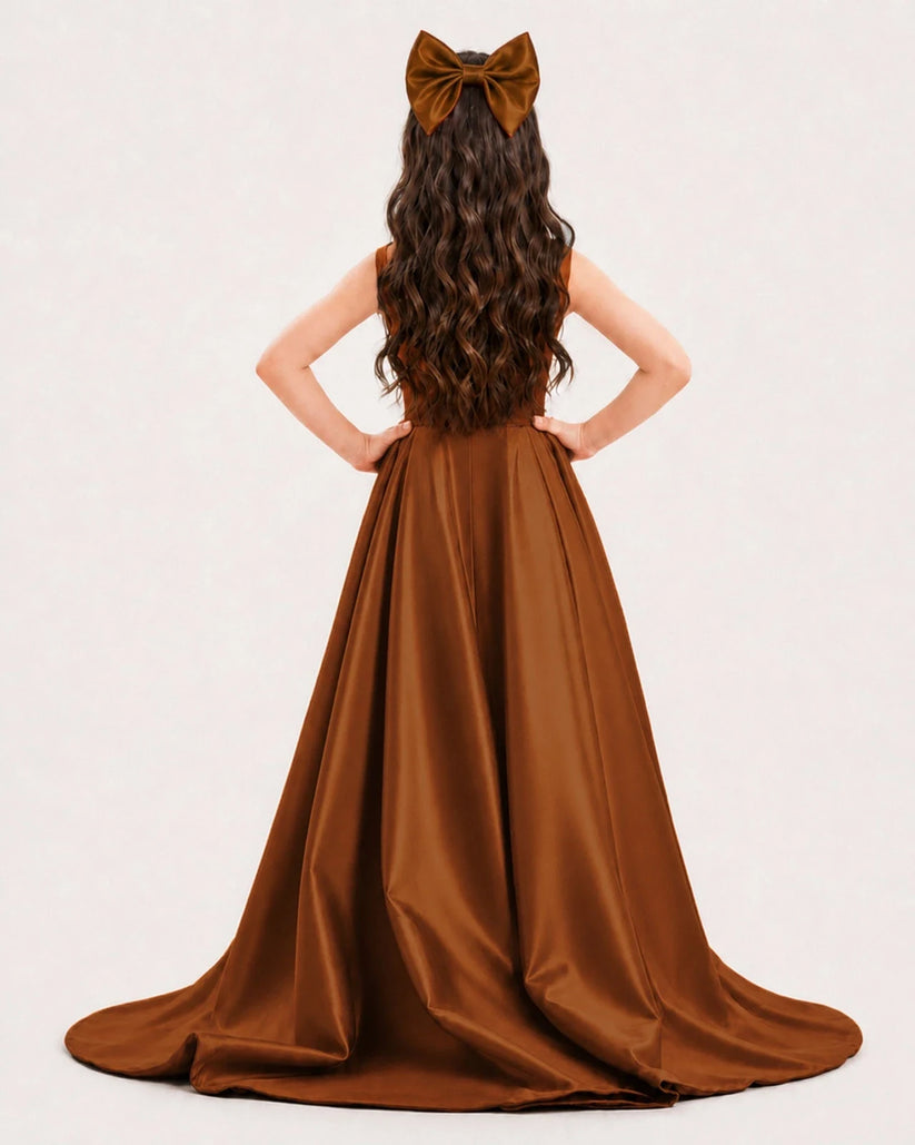 Burnt Orange Satin A-line Girls Formal Dress Back View