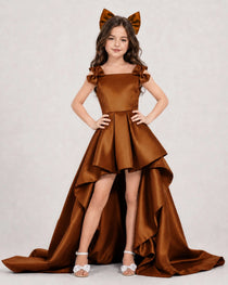 Dideyttawl Girls Formal Dress with Shoulder Bows and High-Low Satin Skirt