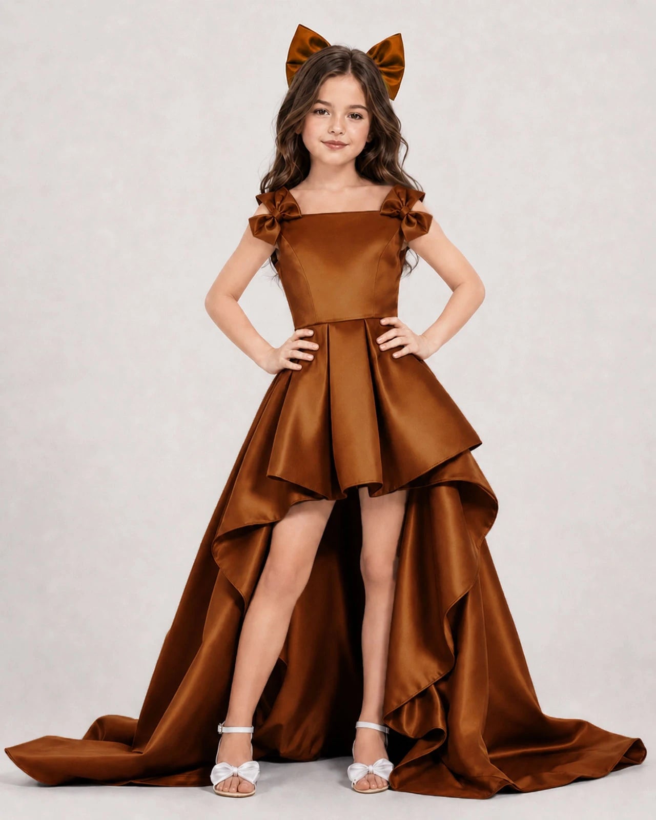 Dideyttawl Girls Formal Dress with Shoulder Bows and High-Low Satin Skirt