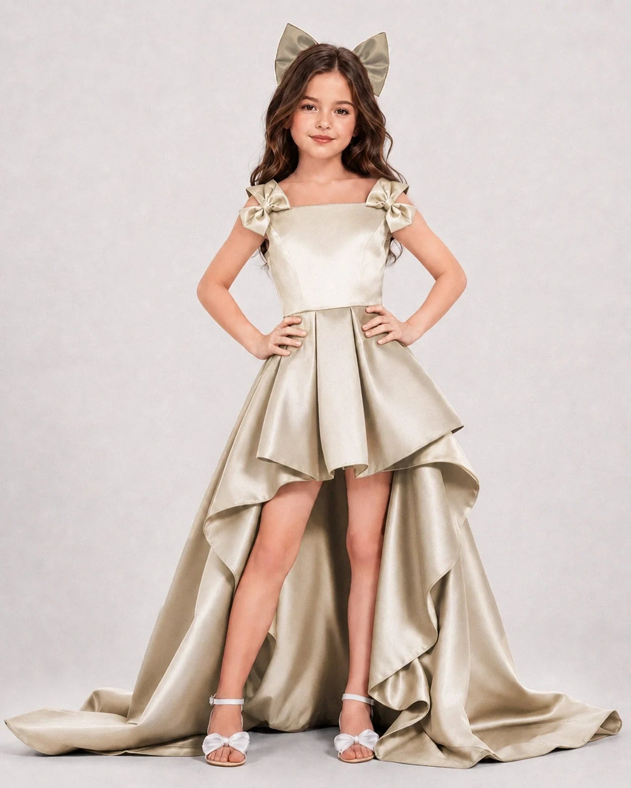 Dideyttawl Girls Formal Dress with Shoulder Bows and High-Low Satin Skirt