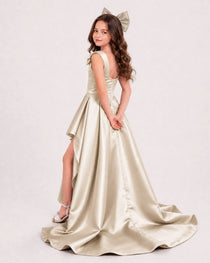 Dideyttawl Girls Formal Dress with Shoulder Bows and High-Low Satin Skirt