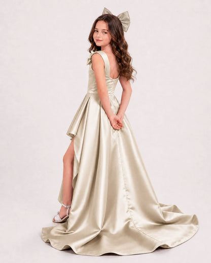 Champagne Satin A-line Girls Formal Dress Side View