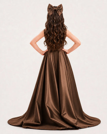 Chocolate Satin A-line Girls Formal Dress Back View