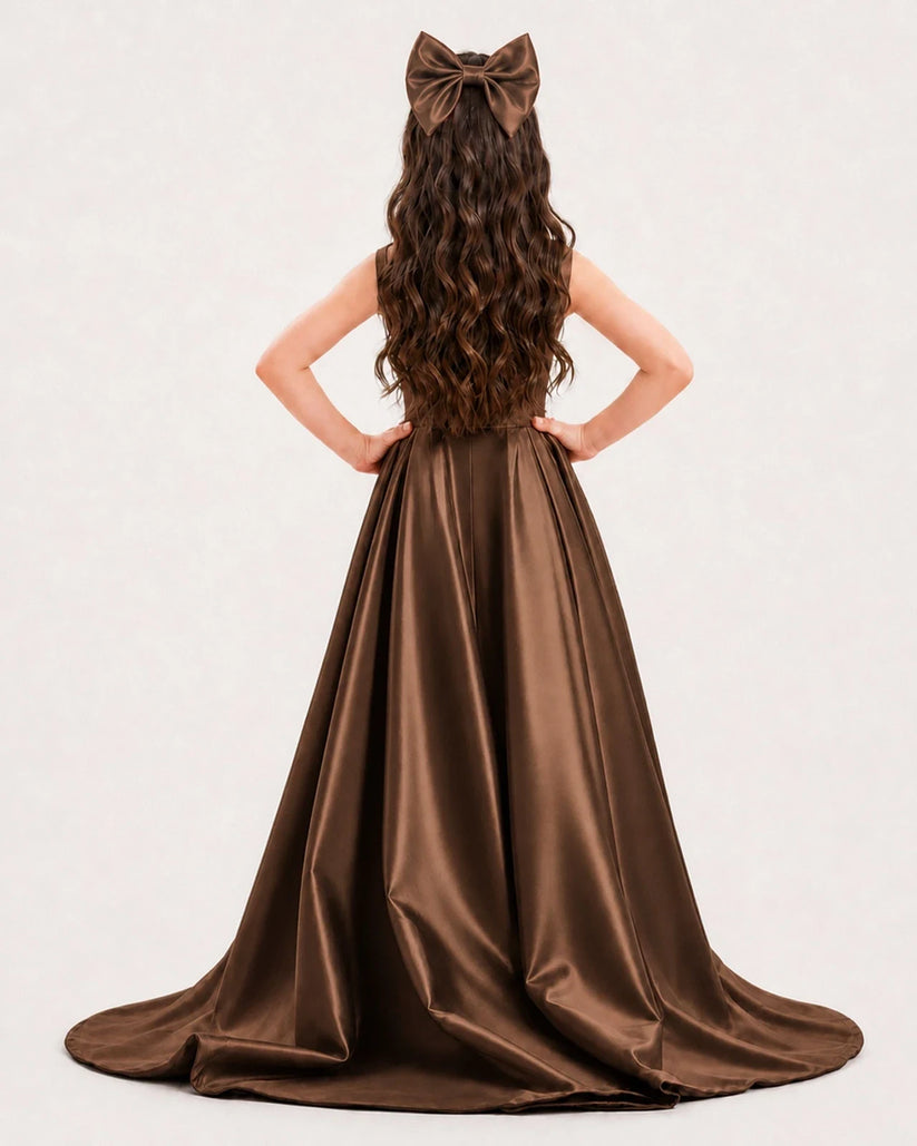 Chocolate Satin A-line Girls Formal Dress Back View