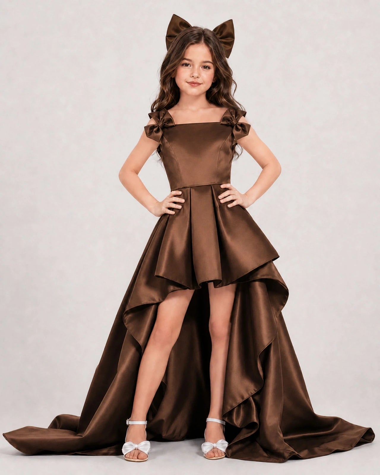 Dideyttawl Girls Formal Dress with Shoulder Bows and High-Low Satin Skirt