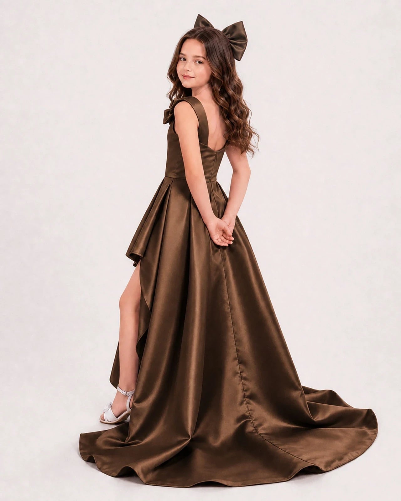 Dideyttawl Girls Formal Dress with Shoulder Bows and High-Low Satin Skirt