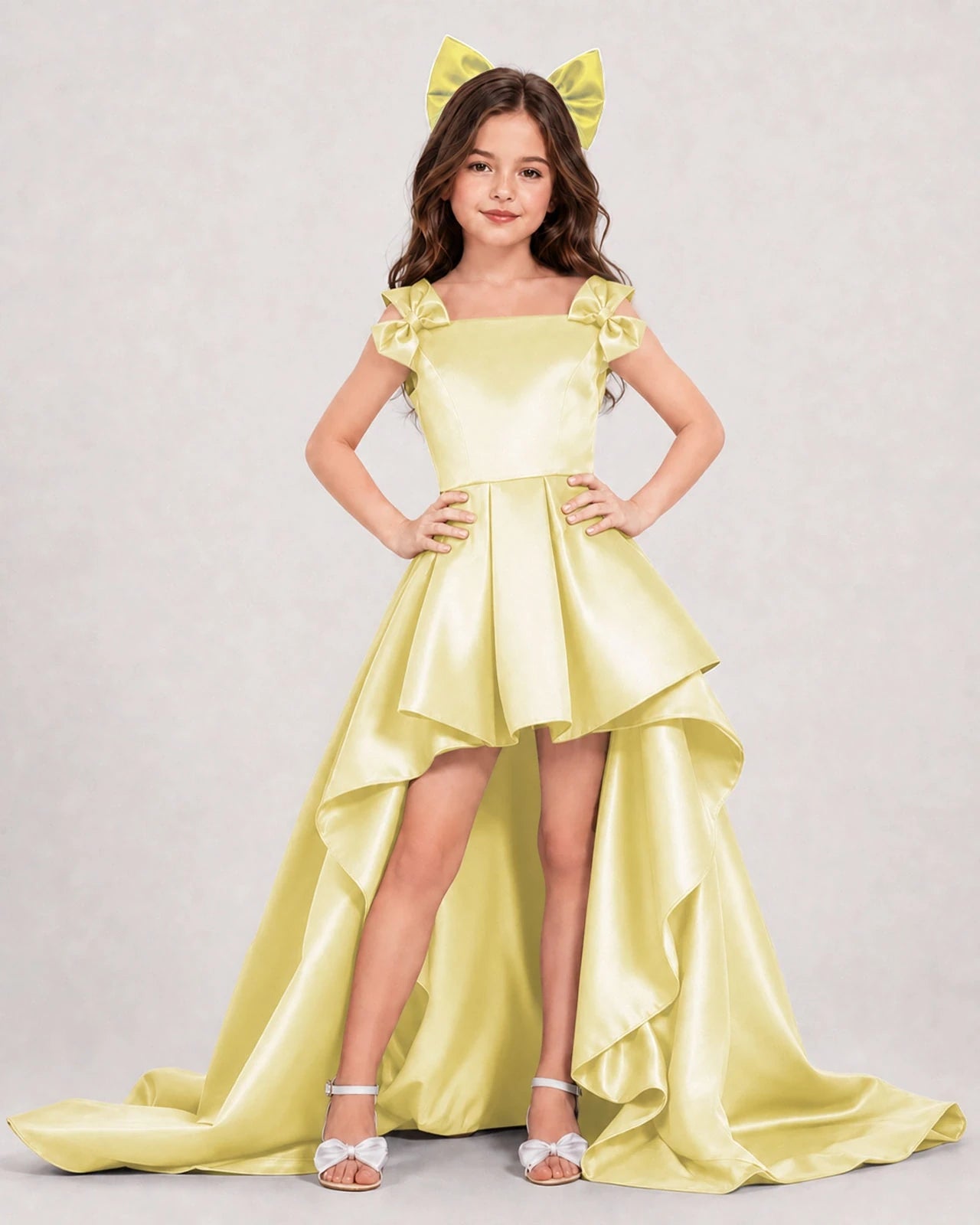 Dideyttawl Girls Formal Dress with Shoulder Bows and High-Low Satin Skirt Main image