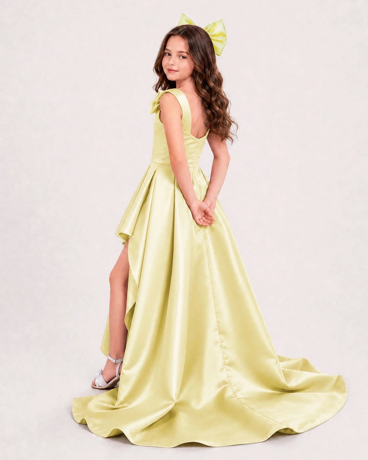 Dideyttawl Girls Formal Dress with Shoulder Bows and High-Low Satin Skirt