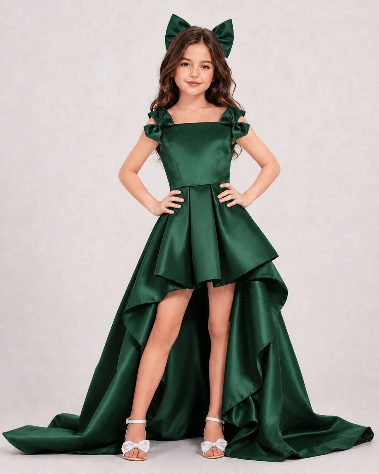 Dideyttawl Girls Formal Dress with Shoulder Bows and High-Low Satin Skirt