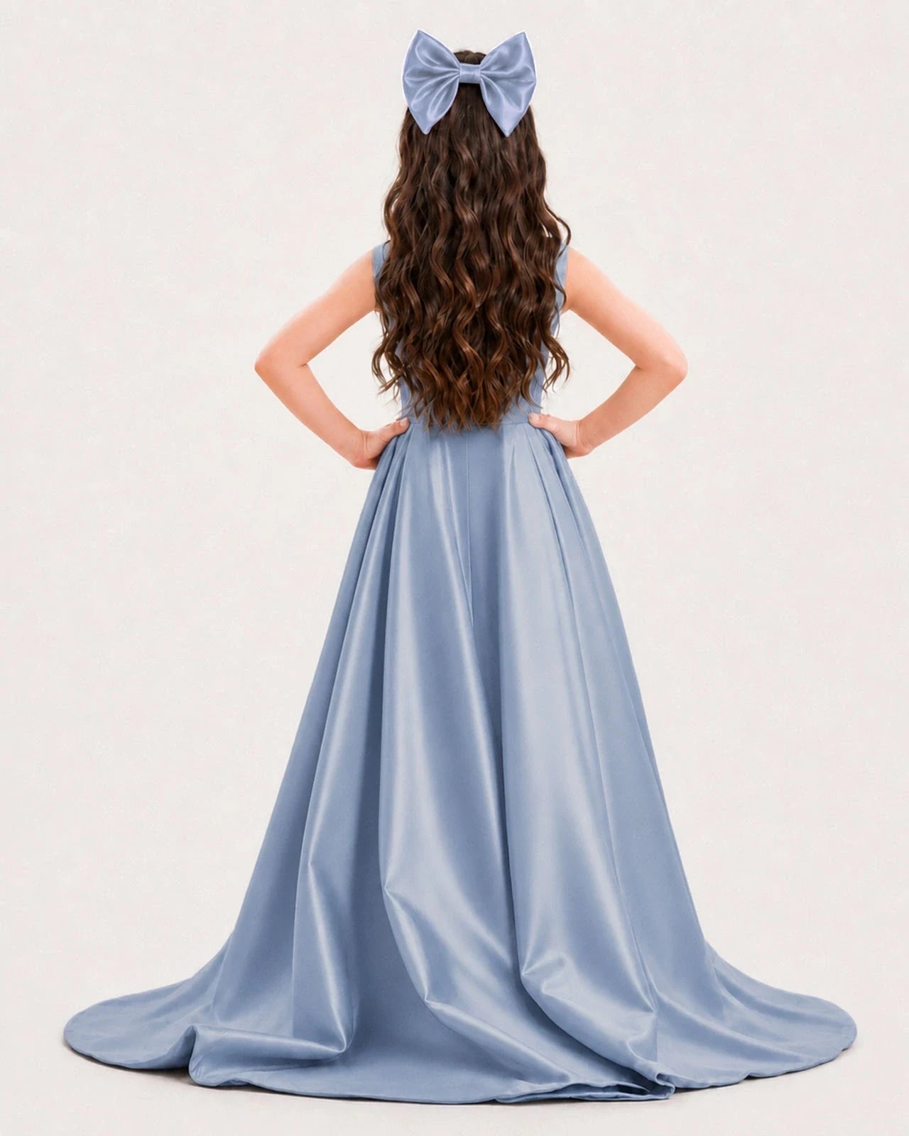 Dideyttawl Girls Formal Dress with Shoulder Bows and High-Low Satin Skirt