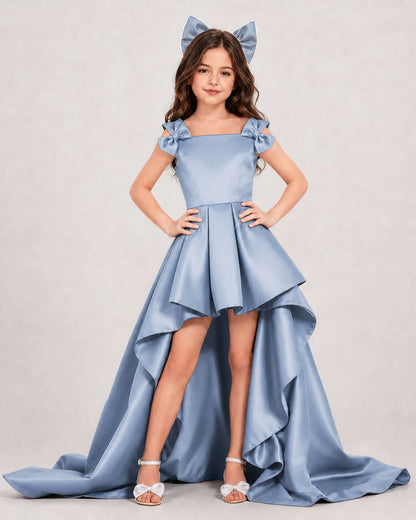 Dusty Blue Satin A-line Girls Formal Dress Front View