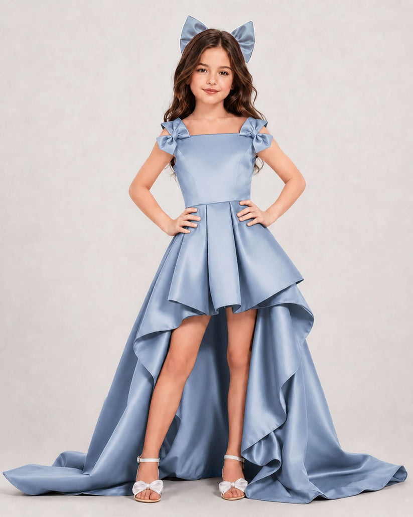 Dusty Blue Satin A-line Girls Formal Dress Front View