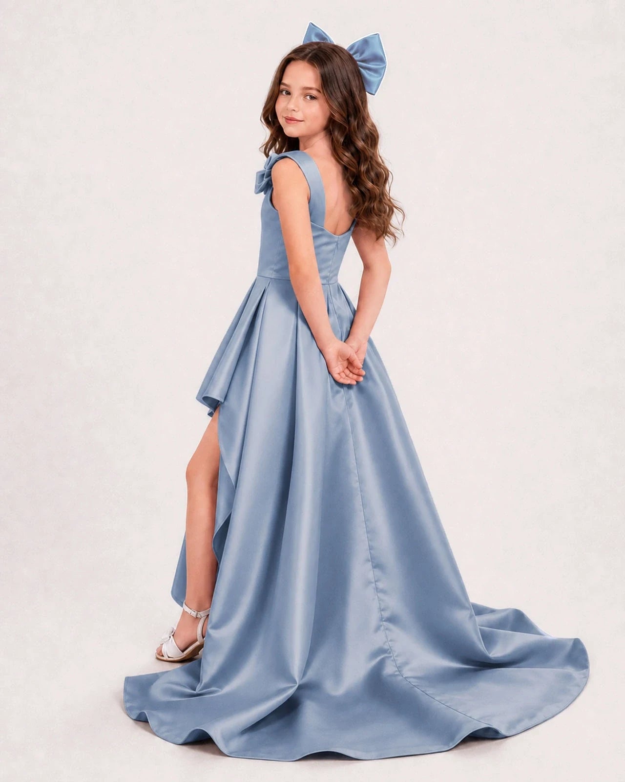 Dideyttawl Girls Formal Dress with Shoulder Bows and High-Low Satin Skirt