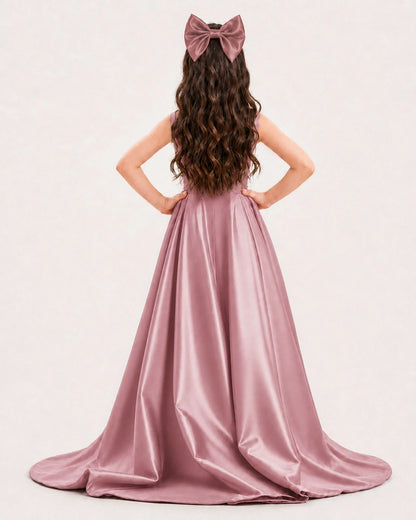 Dusty Rose Satin A-line Girls Formal Dress Back View