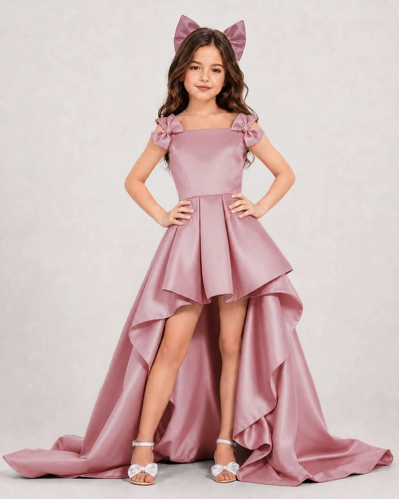 Dusty Rose Satin High-Low Girls Formal Dress Front View