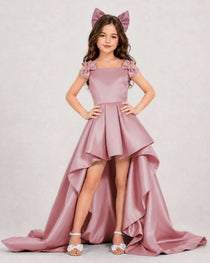 Dideyttawl Girls Formal Dress with Shoulder Bows and High-Low Satin Skirt