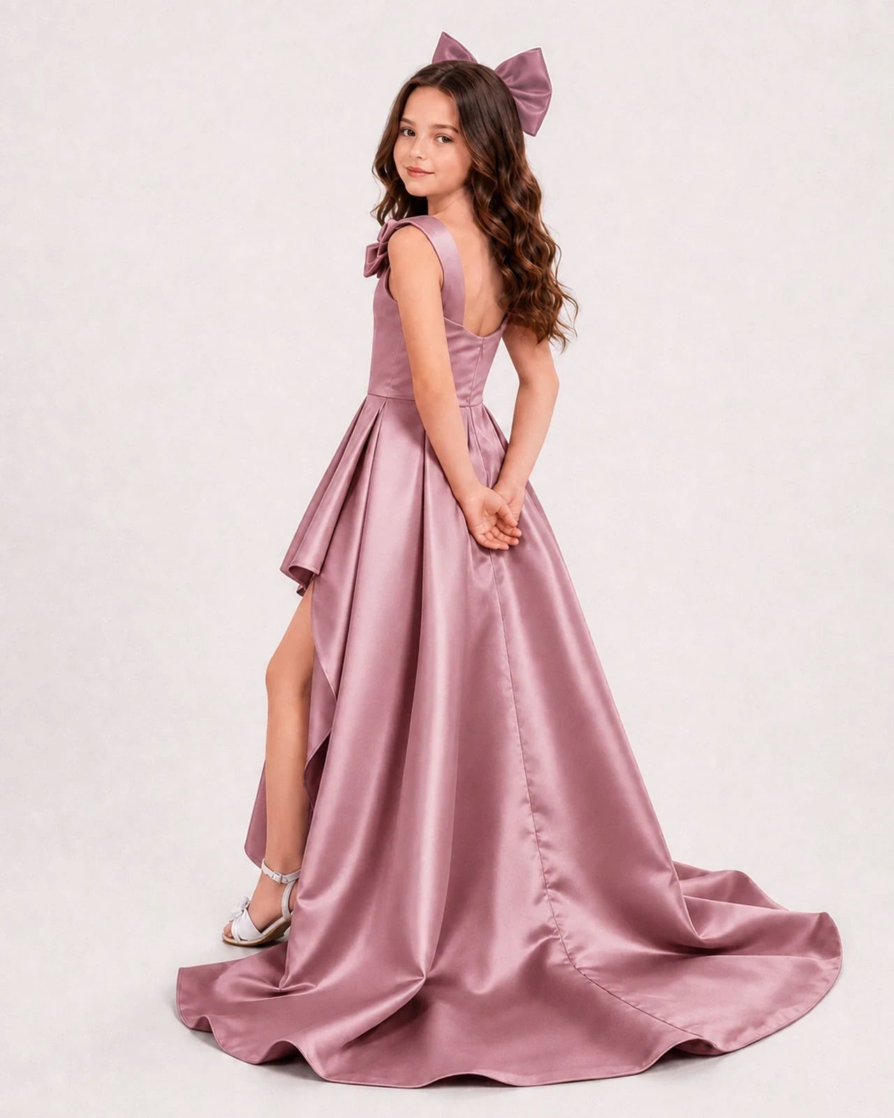 Dusty Rose Satin A-line Girls Formal Dress Side View