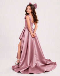 Dideyttawl Girls Formal Dress with Shoulder Bows and High-Low Satin Skirt