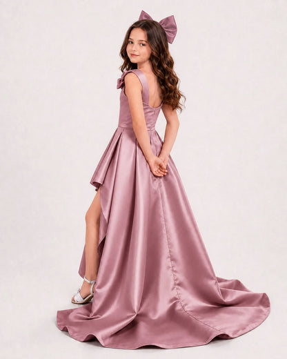 Dusty Rose Satin A-line Girls Formal Dress Side View