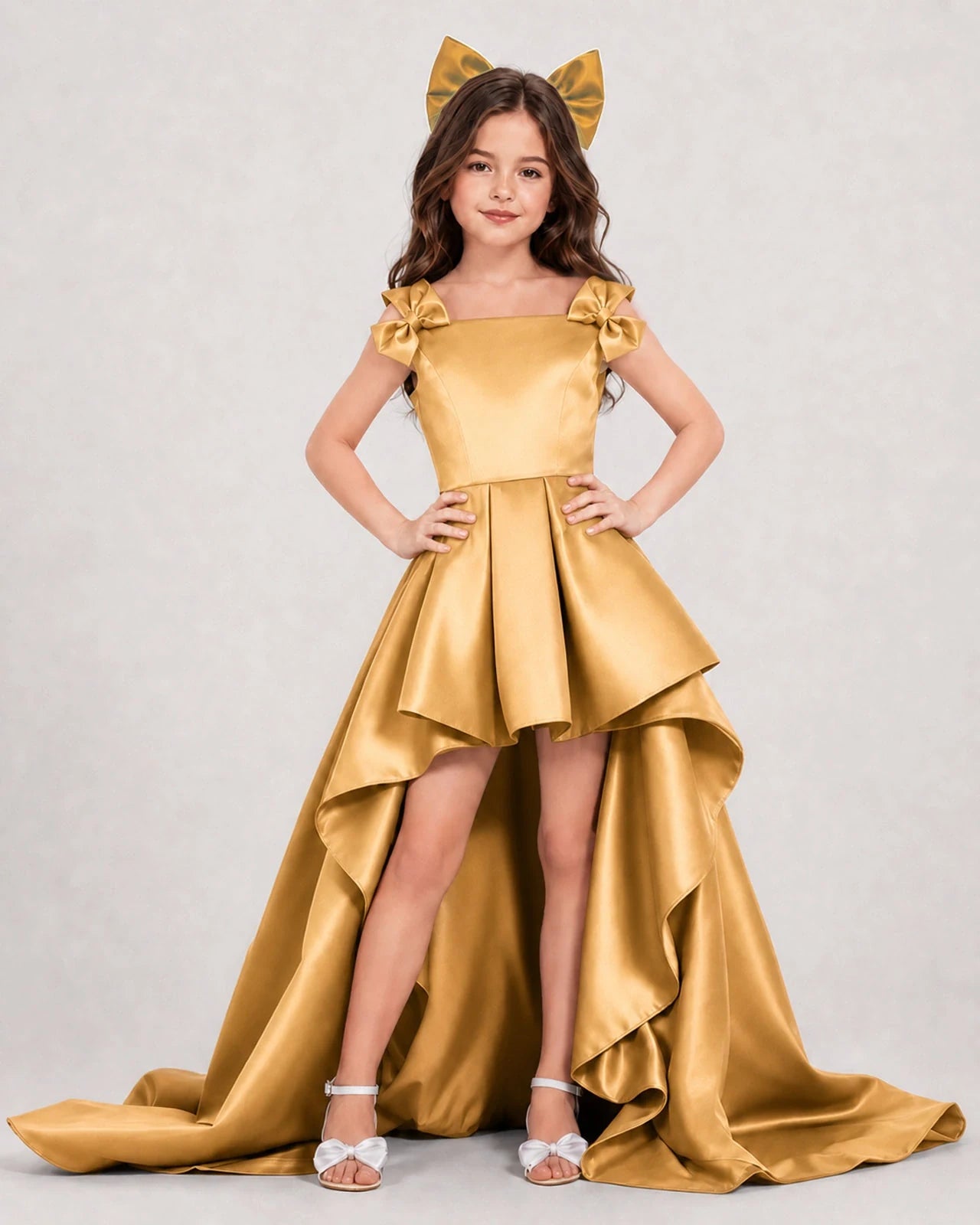 Gold Satin A-line Girls Formal Dress Front View