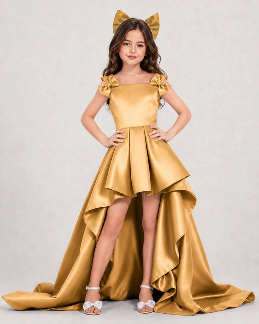 Gold Satin A-line Girls Formal Dress Front View