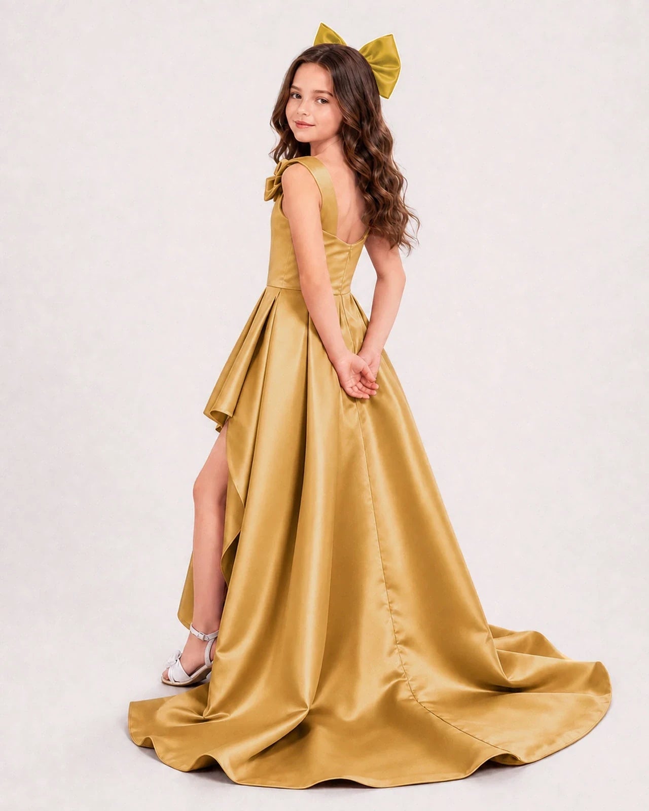 Gold Satin High-Low Girls Formal Dress Side View