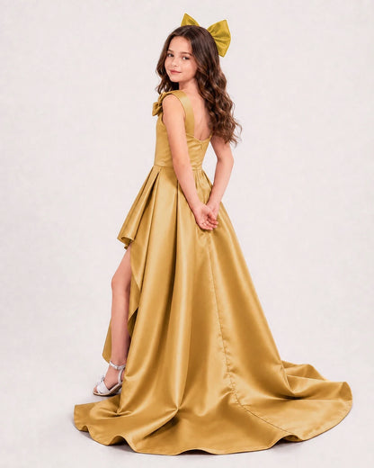 Gold Satin High-Low Girls Formal Dress Side View