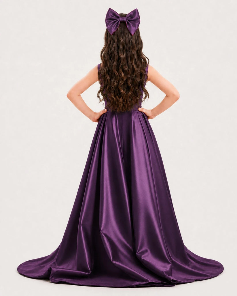 Grape Satin A-line Girls Formal Dress Back View