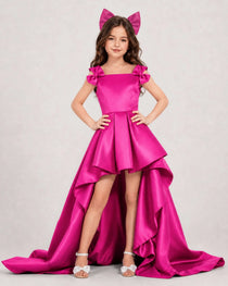 Dideyttawl Girls Formal Dress with Shoulder Bows and High-Low Satin Skirt