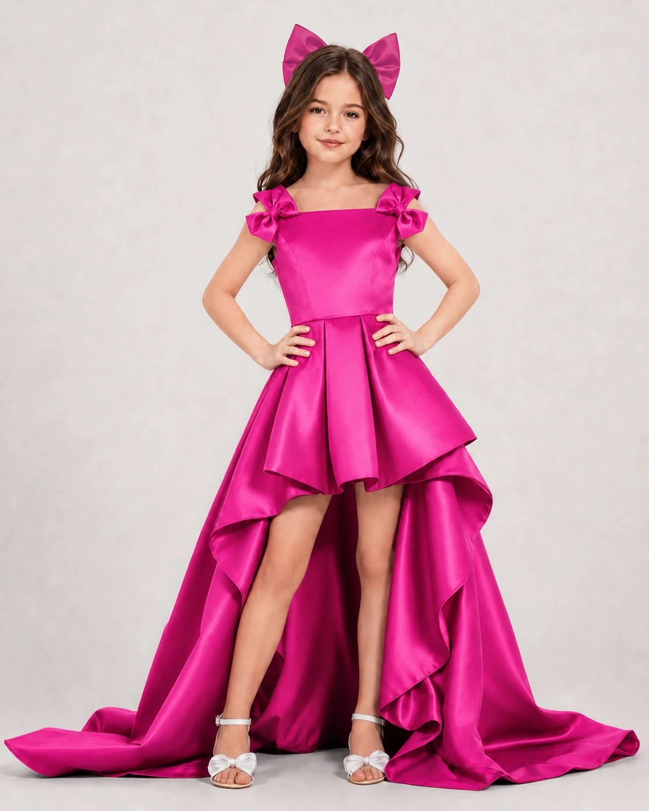 Dideyttawl Girls Formal Dress with Shoulder Bows and High-Low Satin Skirt