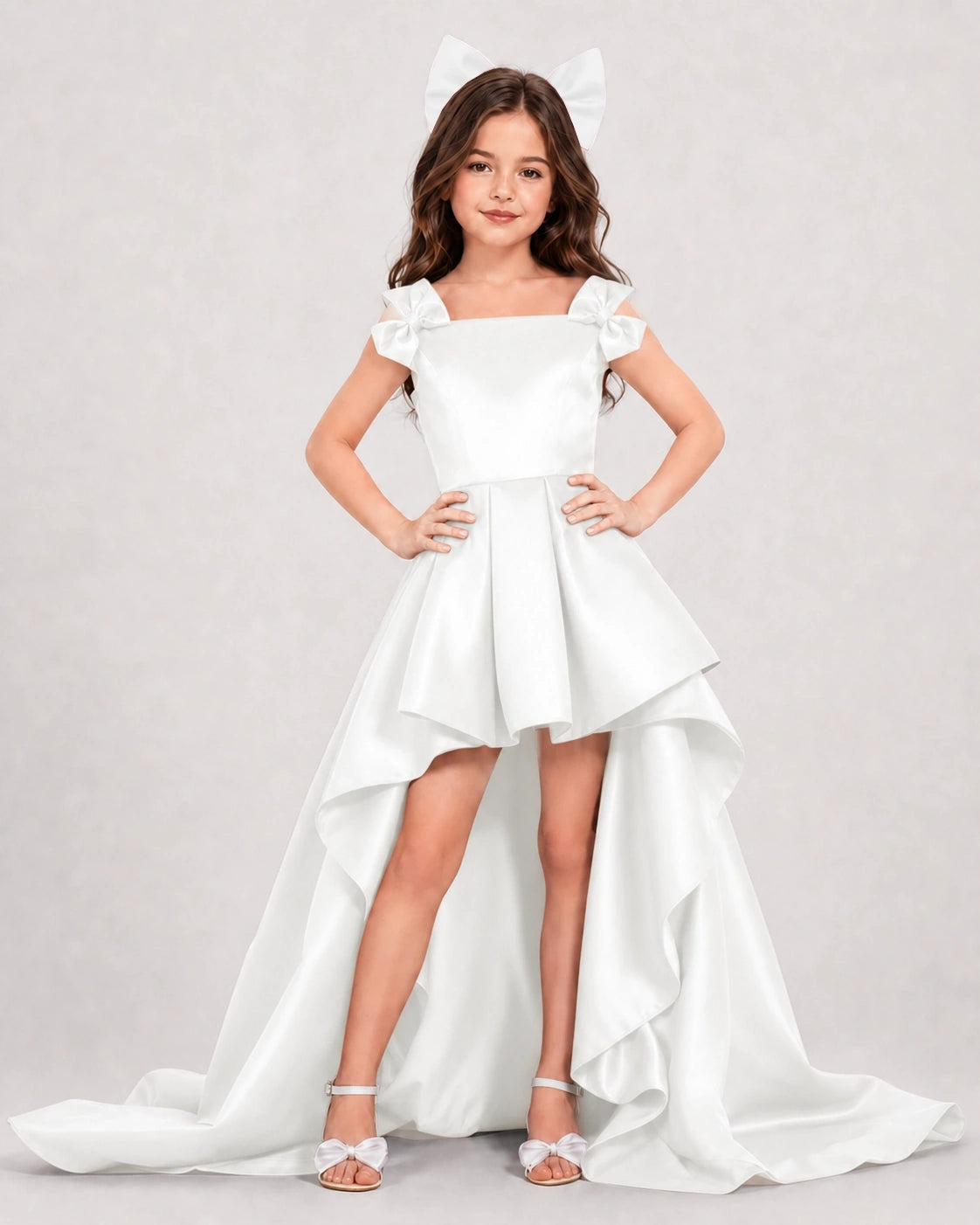 Ivory Satin A-line Girls Formal Dress Front View