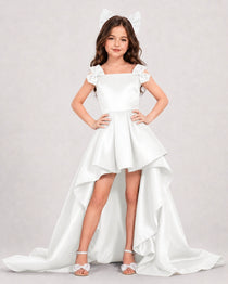 Dideyttawl Girls Formal Dress with Shoulder Bows and High-Low Satin Skirt